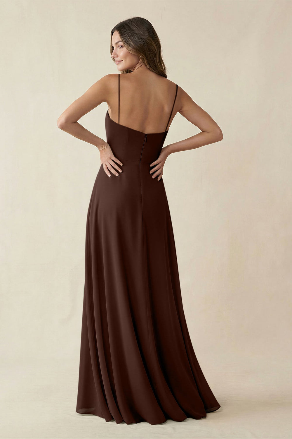Spaghetti Strap A - Line Chiffon Maxi Bridesmaid Dress in Espresso - KISS BRIDAL Bridesmaid Dresses