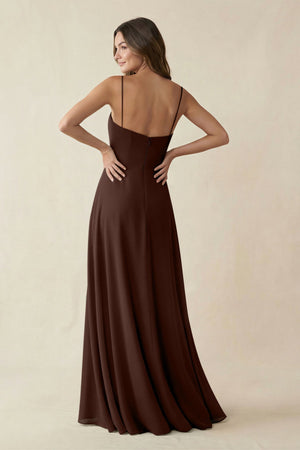 Spaghetti Strap A - Line Chiffon Maxi Bridesmaid Dress in Espresso - SHE IS ME Bridesmaid Dresses