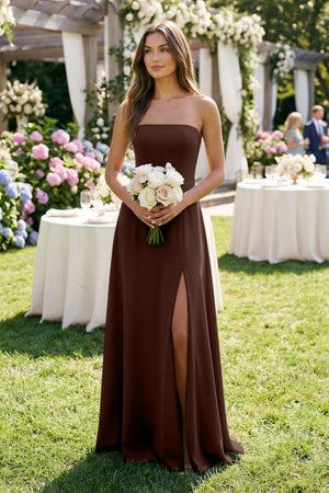 Spaghetti Strap A - Line Chiffon Maxi Bridesmaid Dress in Espresso - SHE IS ME Bridesmaid Dresses