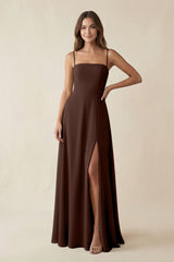 Spaghetti Strap A - Line Chiffon Maxi Bridesmaid Dress in Espresso - KISS BRIDAL Bridesmaid Dresses