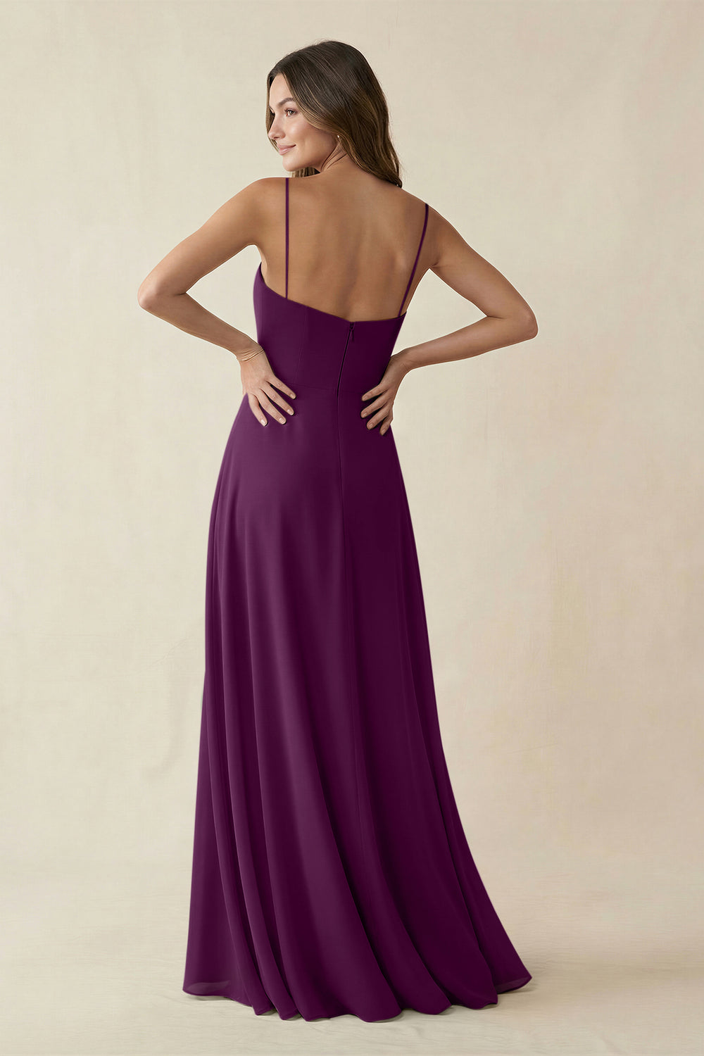 Spaghetti Strap A-Line Chiffon Maxi Bridesmaid Dress in Fig