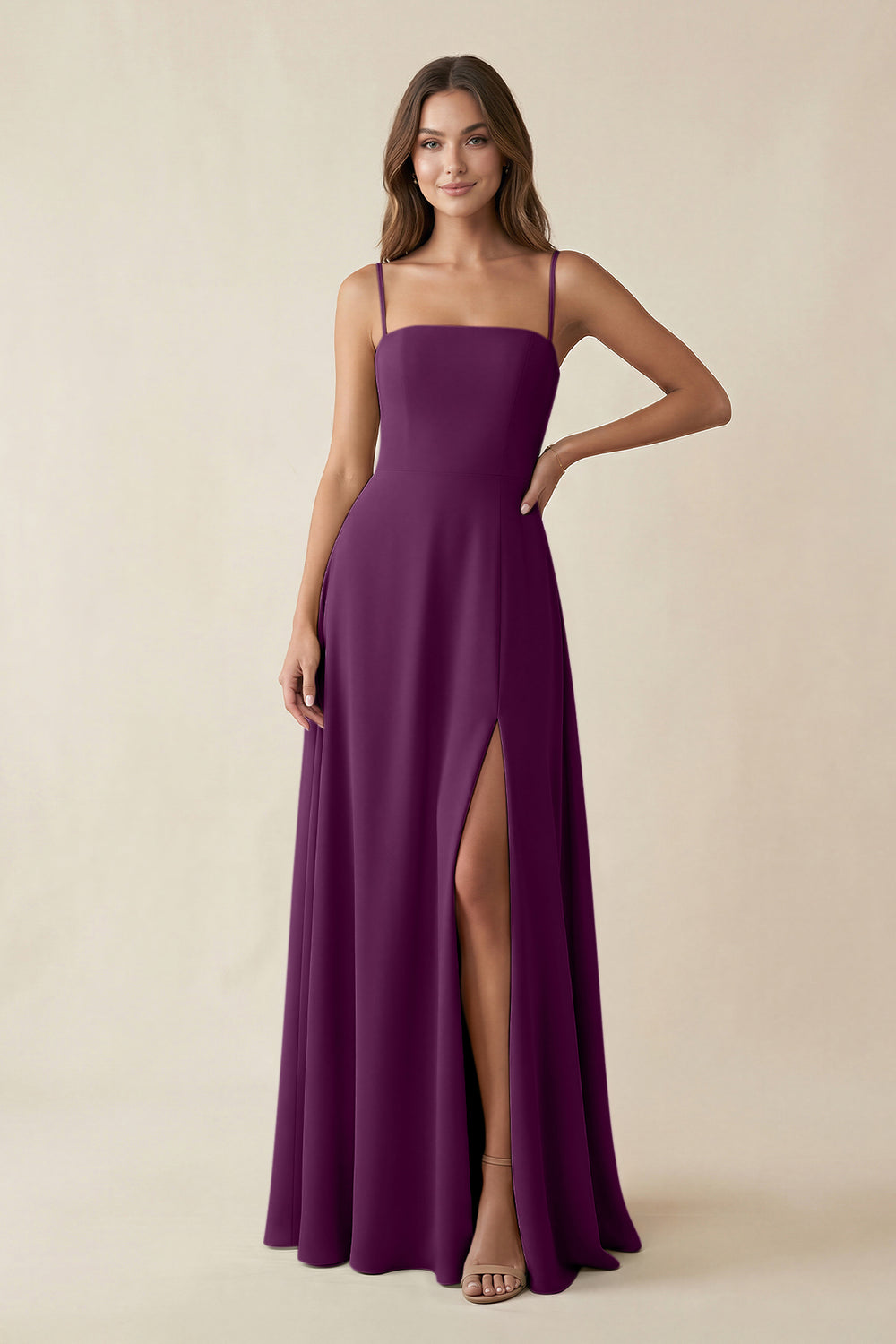Spaghetti Strap A-Line Chiffon Maxi Bridesmaid Dress in Fig