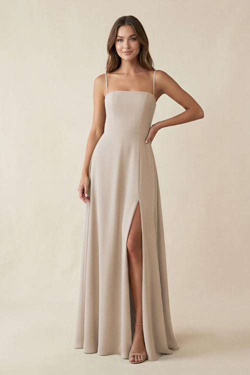 Spaghetti Strap A - Line Chiffon Maxi Bridesmaid Dress in Frost - SHE IS ME Bridesmaid Dresses