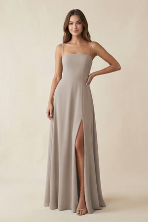 Spaghetti Strap A-Line Chiffon Maxi Bridesmaid Dress in Frost | KISSBRIDAL