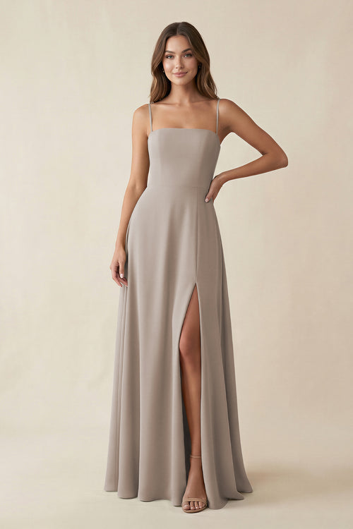 Spaghetti Strap A-Line Chiffon Maxi Bridesmaid Dress in Frost | KISSBRIDAL