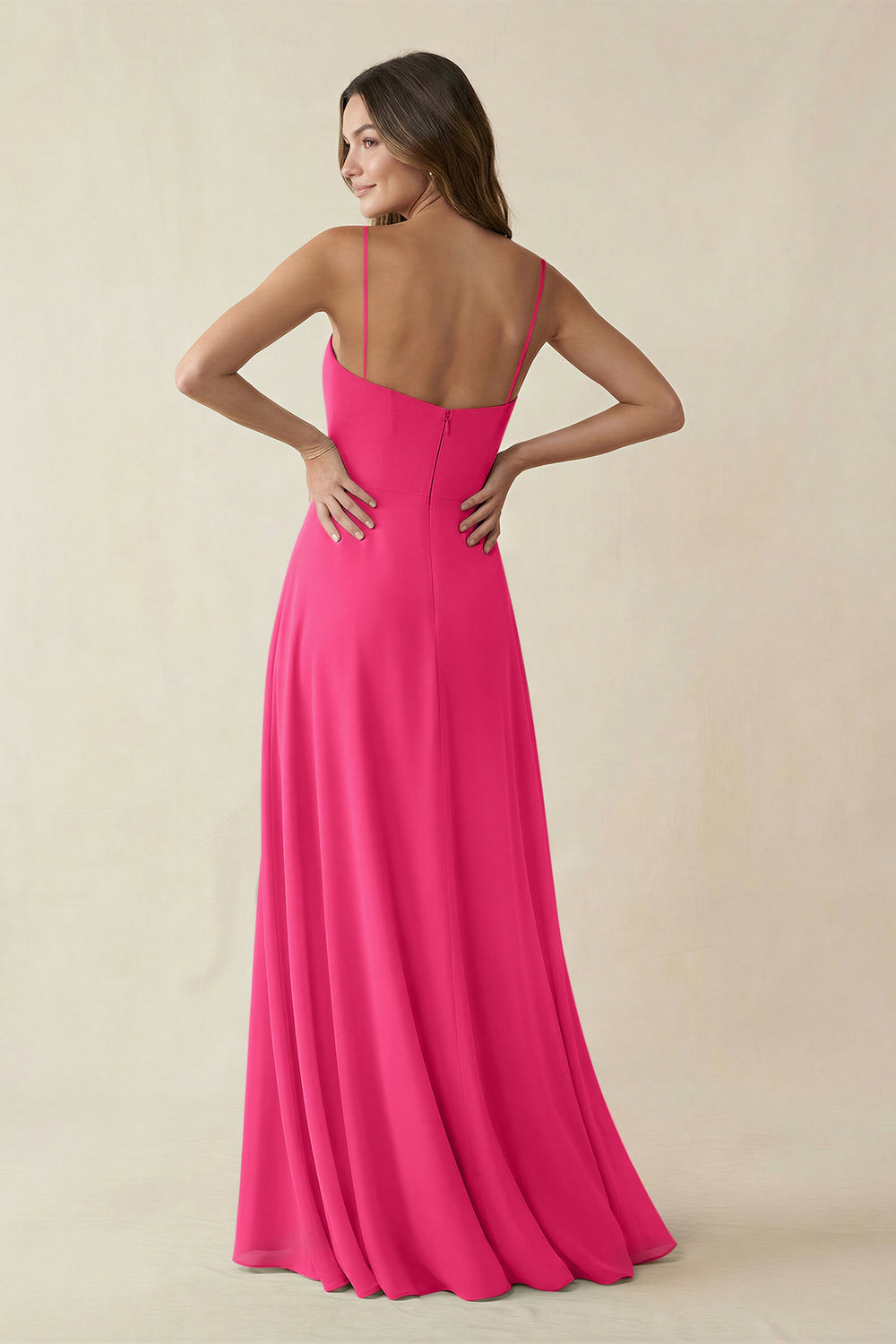 Spaghetti Strap A-Line Chiffon Maxi Bridesmaid Dress in Fuchsia
