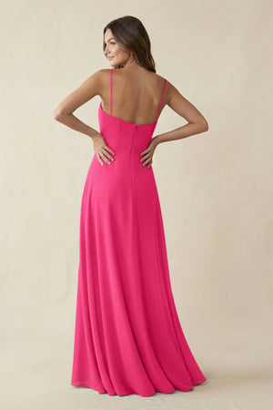 Spaghetti Strap A-Line Chiffon Maxi Bridesmaid Dress in Fuchsia (2) | KISSBRIDAL