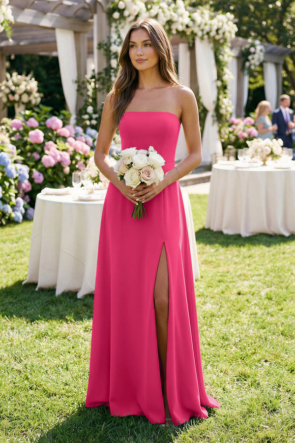 Spaghetti Strap A-Line Chiffon Maxi Bridesmaid Dress in Fuchsia (3) | KISSBRIDAL
