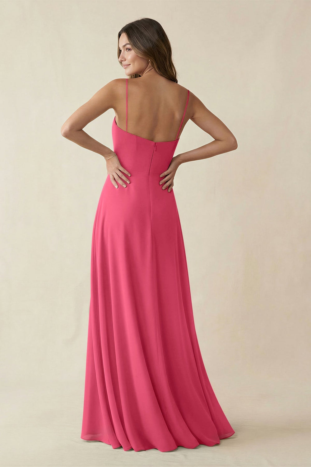 Spaghetti Strap A - Line Chiffon Maxi Bridesmaid Dress in Fuchsia - KISS BRIDAL Bridesmaid Dresses