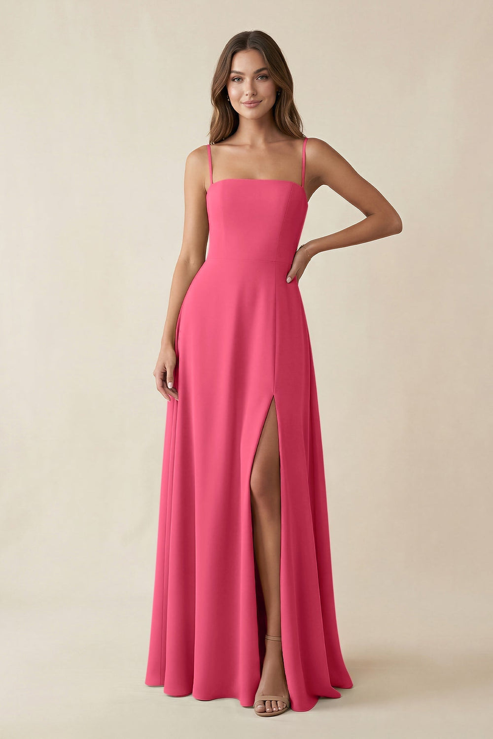Spaghetti Strap A - Line Chiffon Maxi Bridesmaid Dress in Fuchsia - KISS BRIDAL Bridesmaid Dresses