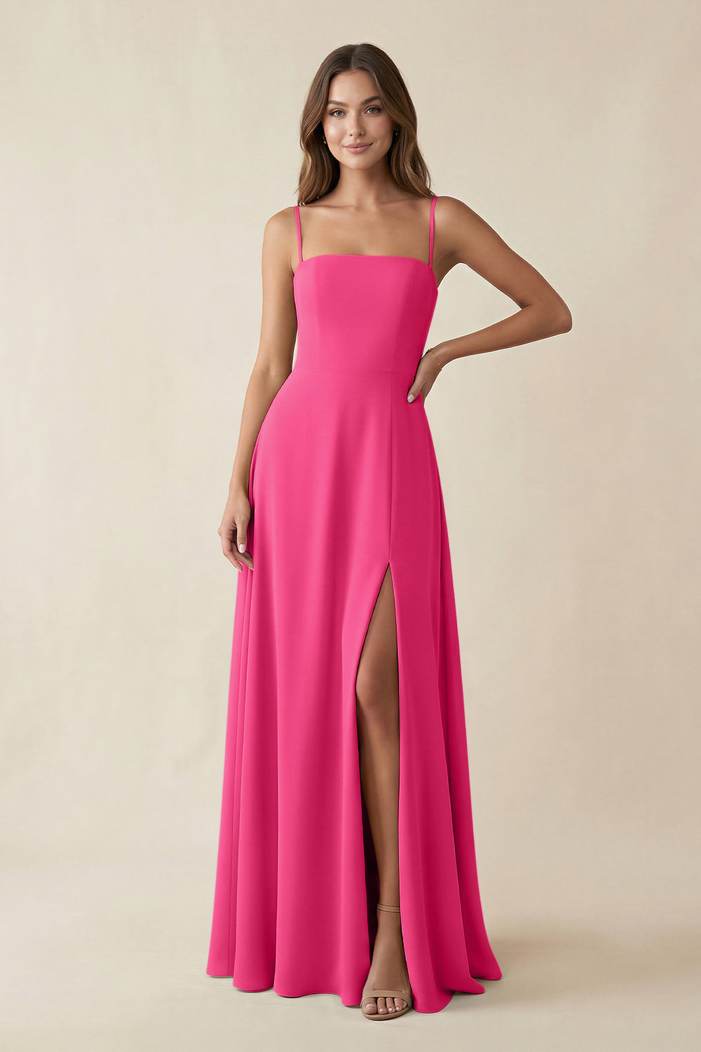 Spaghetti Strap A-Line Chiffon Maxi Bridesmaid Dress in Fuchsia