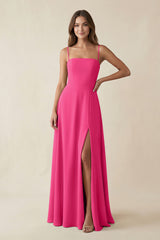Spaghetti Strap A-Line Chiffon Maxi Bridesmaid Dress in Fuchsia | KISSBRIDAL