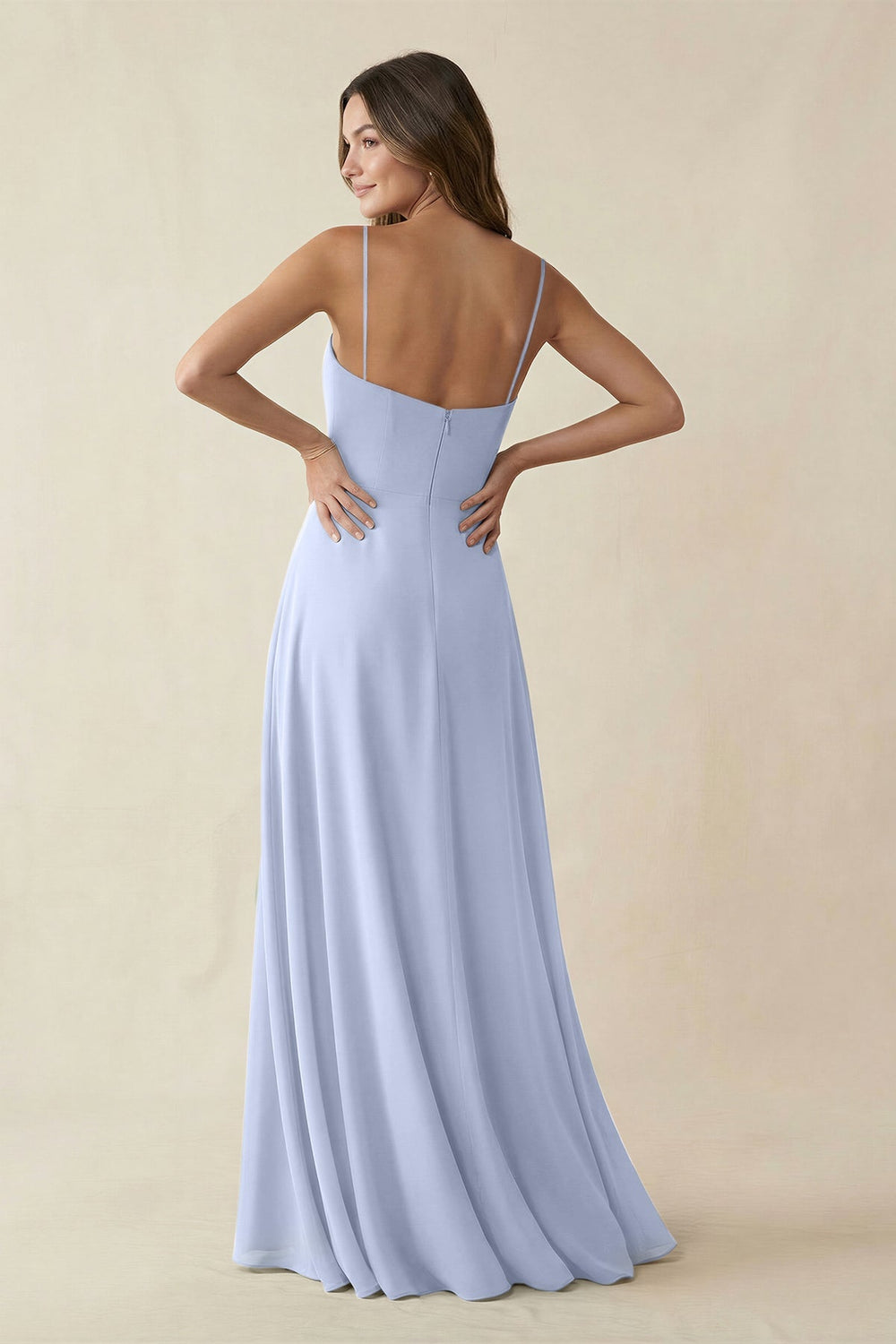 Spaghetti Strap A - Line Chiffon Maxi Bridesmaid Dress in Ice - KISS BRIDAL Bridesmaid Dresses