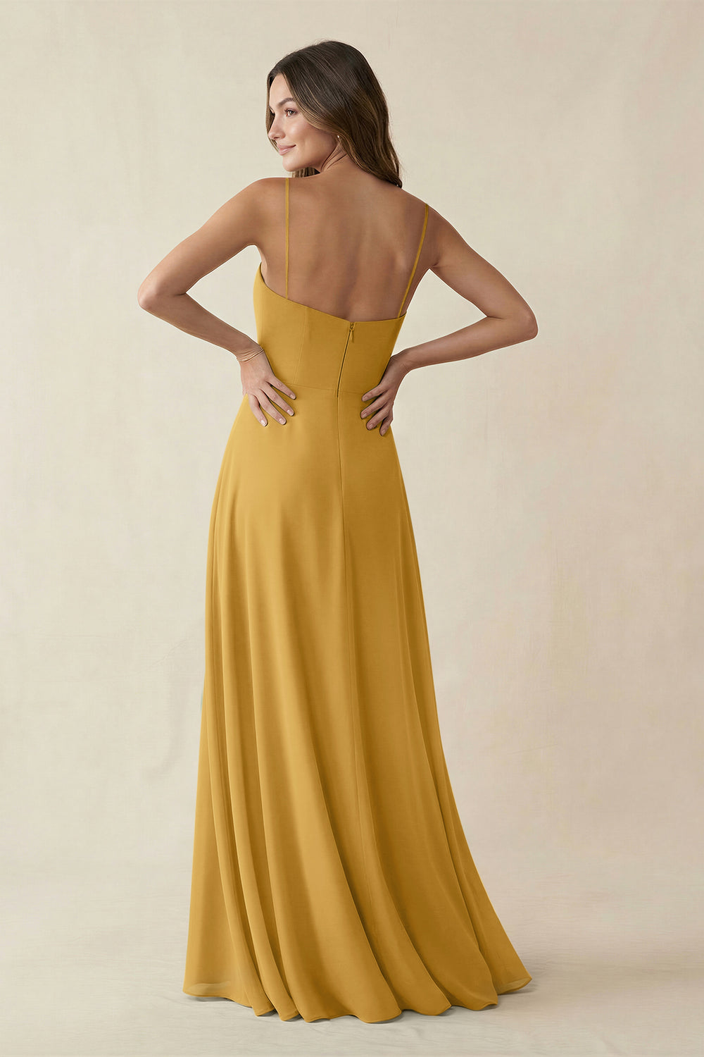 Spaghetti Strap A-Line Chiffon Maxi Bridesmaid Dress in Marigold
