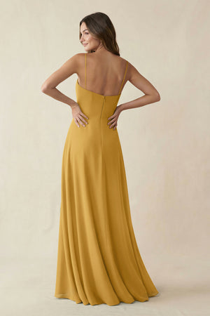 Spaghetti Strap A-Line Chiffon Maxi Bridesmaid Dress in Marigold (2) | KISSBRIDAL
