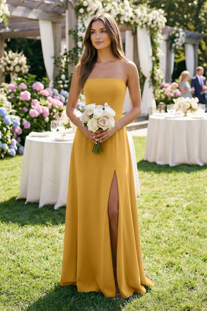 Spaghetti Strap A - Line Chiffon Maxi Bridesmaid Dress in Marigold - SHE IS ME Bridesmaid Dresses