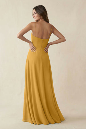 Spaghetti Strap A - Line Chiffon Maxi Bridesmaid Dress in Marigold - SHE IS ME Bridesmaid Dresses