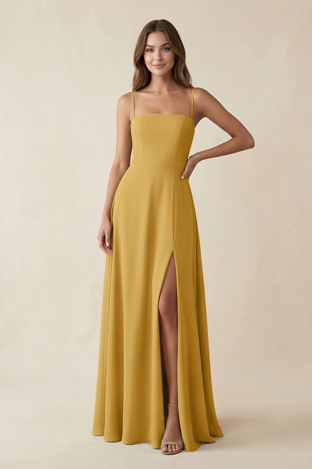 Spaghetti Strap A-Line Chiffon Maxi Bridesmaid Dress in Marigold