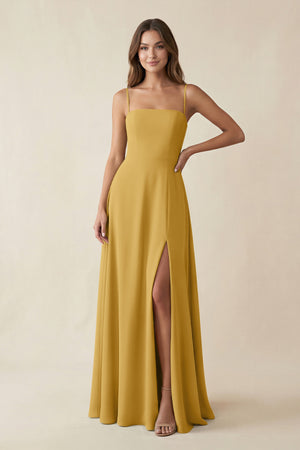 Spaghetti Strap A-Line Chiffon Maxi Bridesmaid Dress in Marigold | KISSBRIDAL