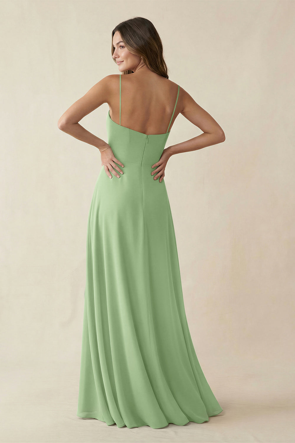 Spaghetti Strap A-Line Chiffon Maxi Bridesmaid Dress in Matcha