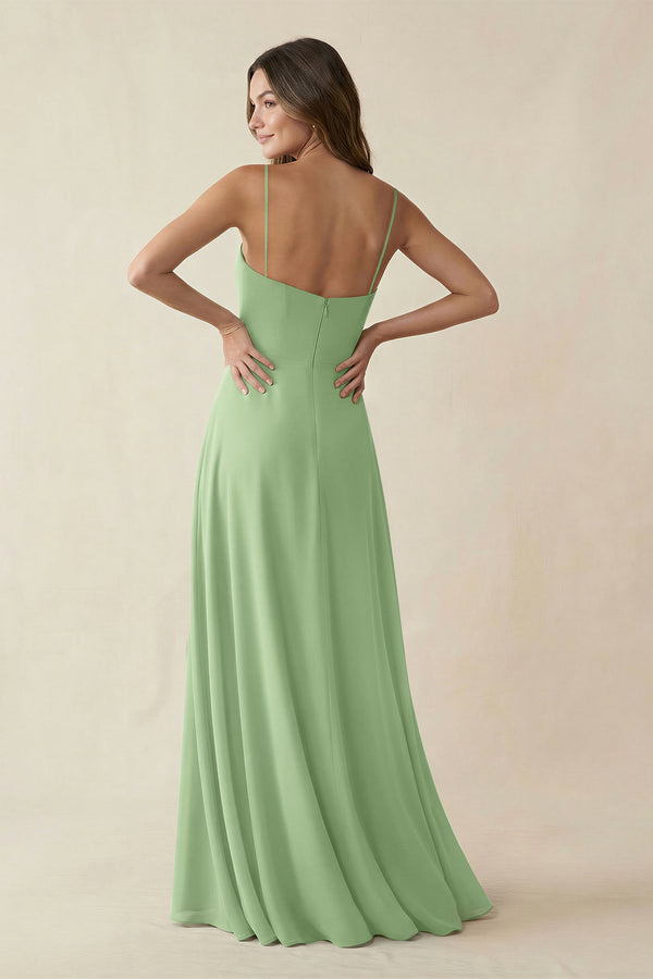 Spaghetti Strap A-Line Chiffon Maxi Bridesmaid Dress in Matcha (2) | KISSBRIDAL