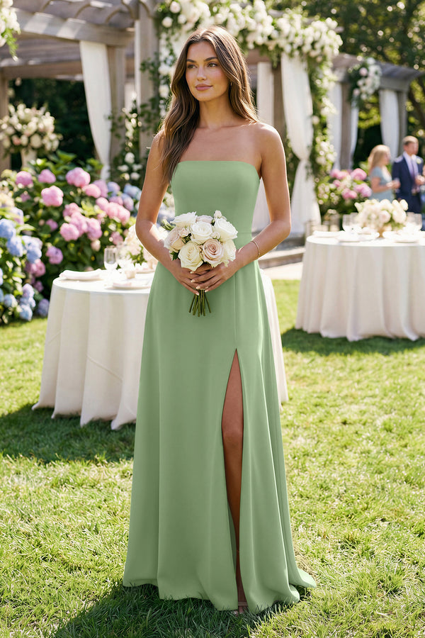 Spaghetti Strap A-Line Chiffon Maxi Bridesmaid Dress in Matcha (3) | KISSBRIDAL
