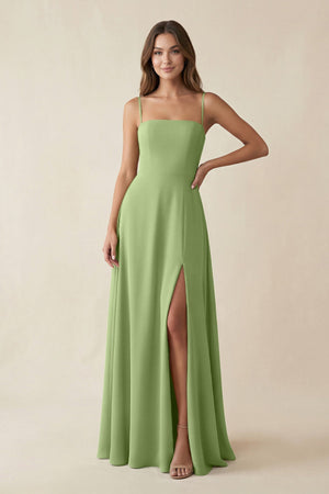 Spaghetti Strap A - Line Chiffon Maxi Bridesmaid Dress in Matcha - SHE IS ME Bridesmaid Dresses