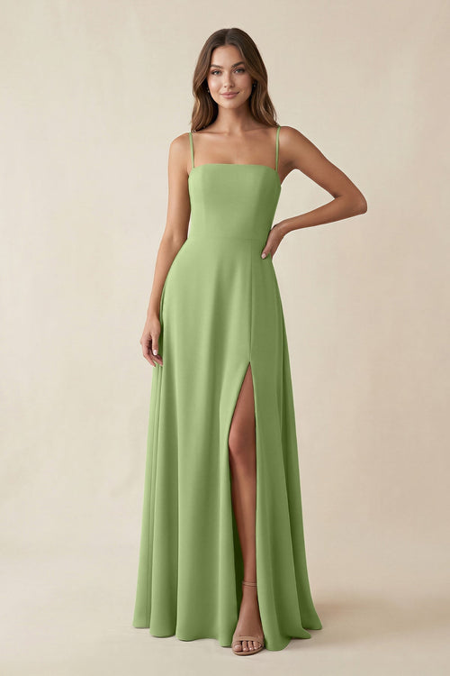 Spaghetti Strap A - Line Chiffon Maxi Bridesmaid Dress in Matcha - SHE IS ME Bridesmaid Dresses