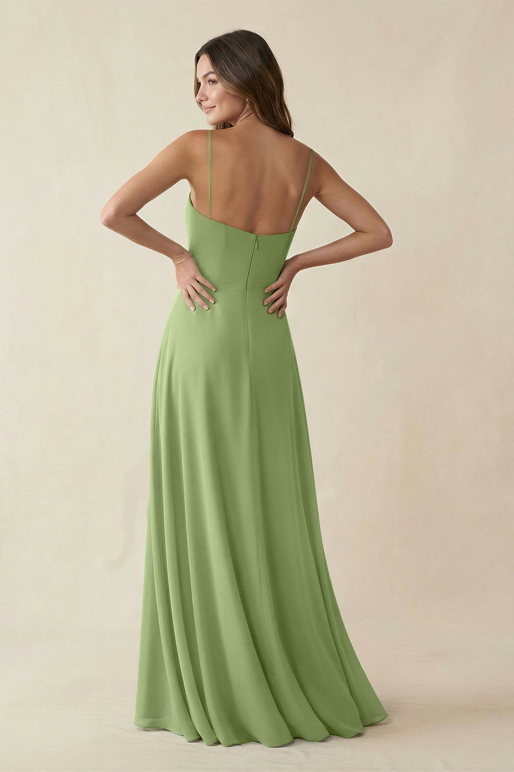 Spaghetti Strap A - Line Chiffon Maxi Bridesmaid Dress in Matcha - KISS BRIDAL Bridesmaid Dresses