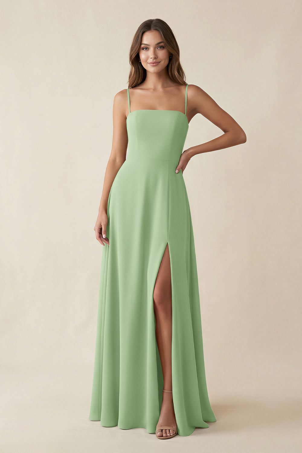 Spaghetti Strap A-Line Chiffon Maxi Bridesmaid Dress in Matcha