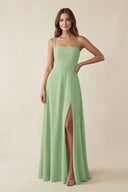 Spaghetti Strap A-Line Chiffon Maxi Bridesmaid Dress in Matcha | KISSBRIDAL