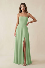 Spaghetti Strap A-Line Chiffon Maxi Bridesmaid Dress in Matcha | KISSBRIDAL