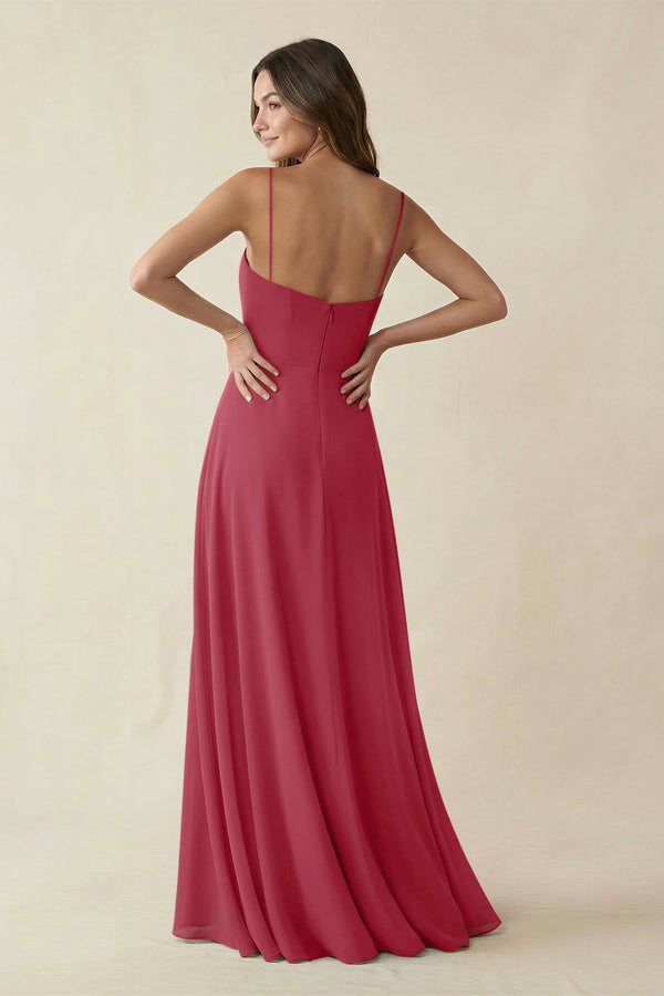 Spaghetti Strap A-Line Chiffon Maxi Bridesmaid Dress in Merlot (2) | KISSBRIDAL