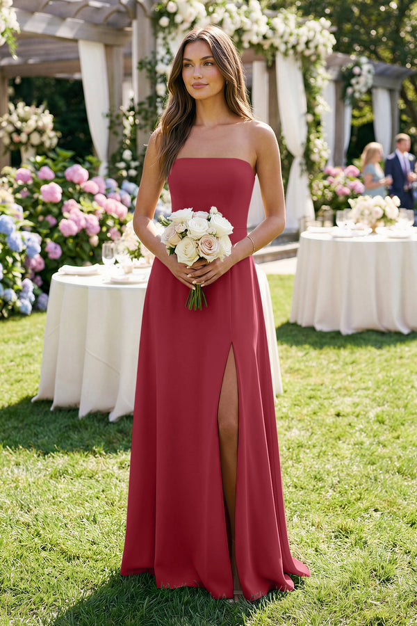 Spaghetti Strap A-Line Chiffon Maxi Bridesmaid Dress in Merlot (3) | KISSBRIDAL