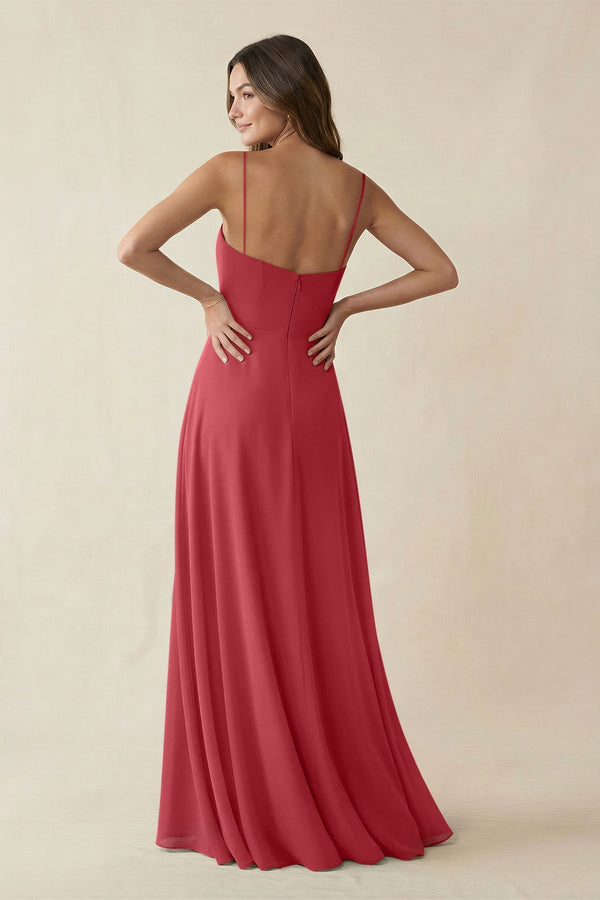 Spaghetti Strap A - Line Chiffon Maxi Bridesmaid Dress in Merlot - SHE IS ME Bridesmaid Dresses