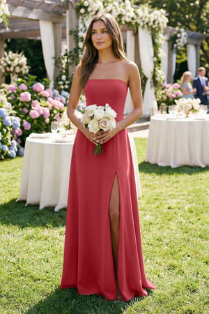Spaghetti Strap A - Line Chiffon Maxi Bridesmaid Dress in Merlot - SHE IS ME Bridesmaid Dresses