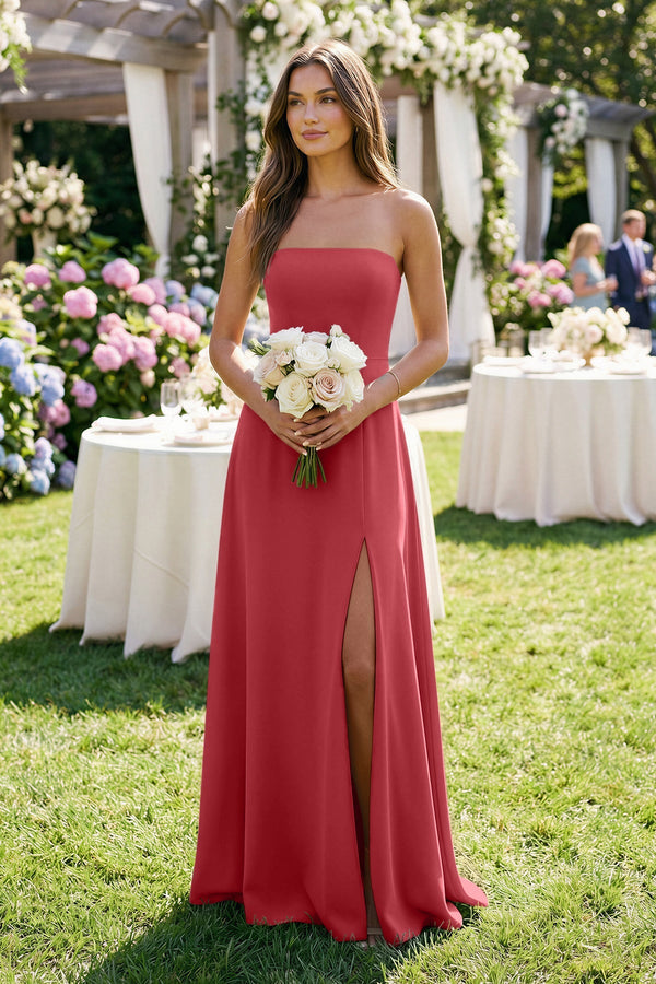 Spaghetti Strap A - Line Chiffon Maxi Bridesmaid Dress in Merlot - SHE IS ME Bridesmaid Dresses