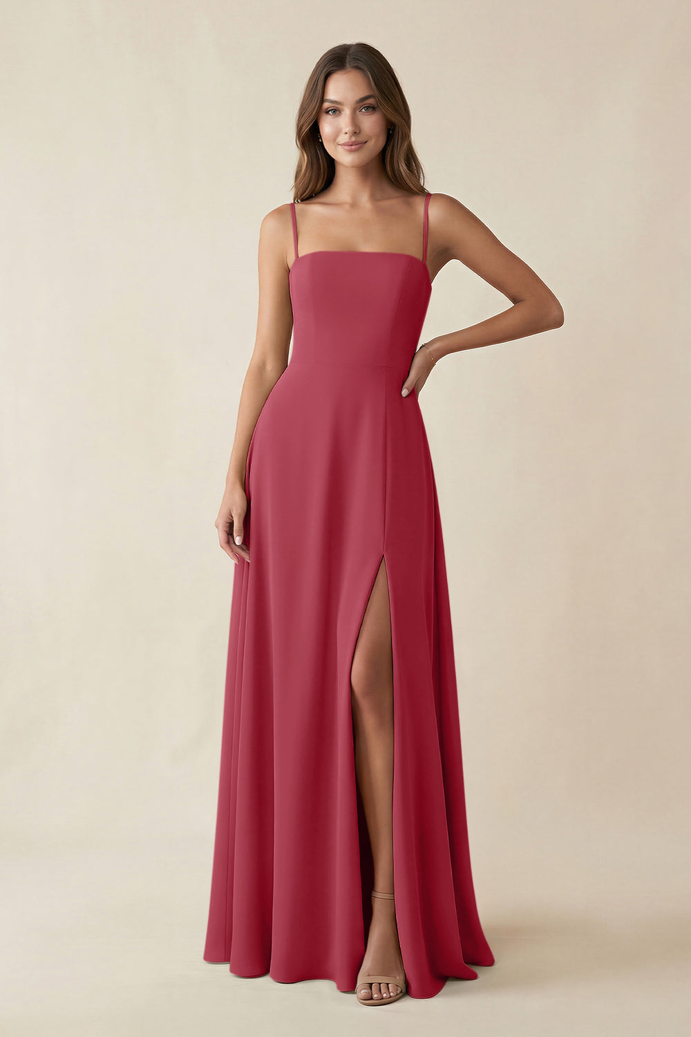 Spaghetti Strap A-Line Chiffon Maxi Bridesmaid Dress in Merlot