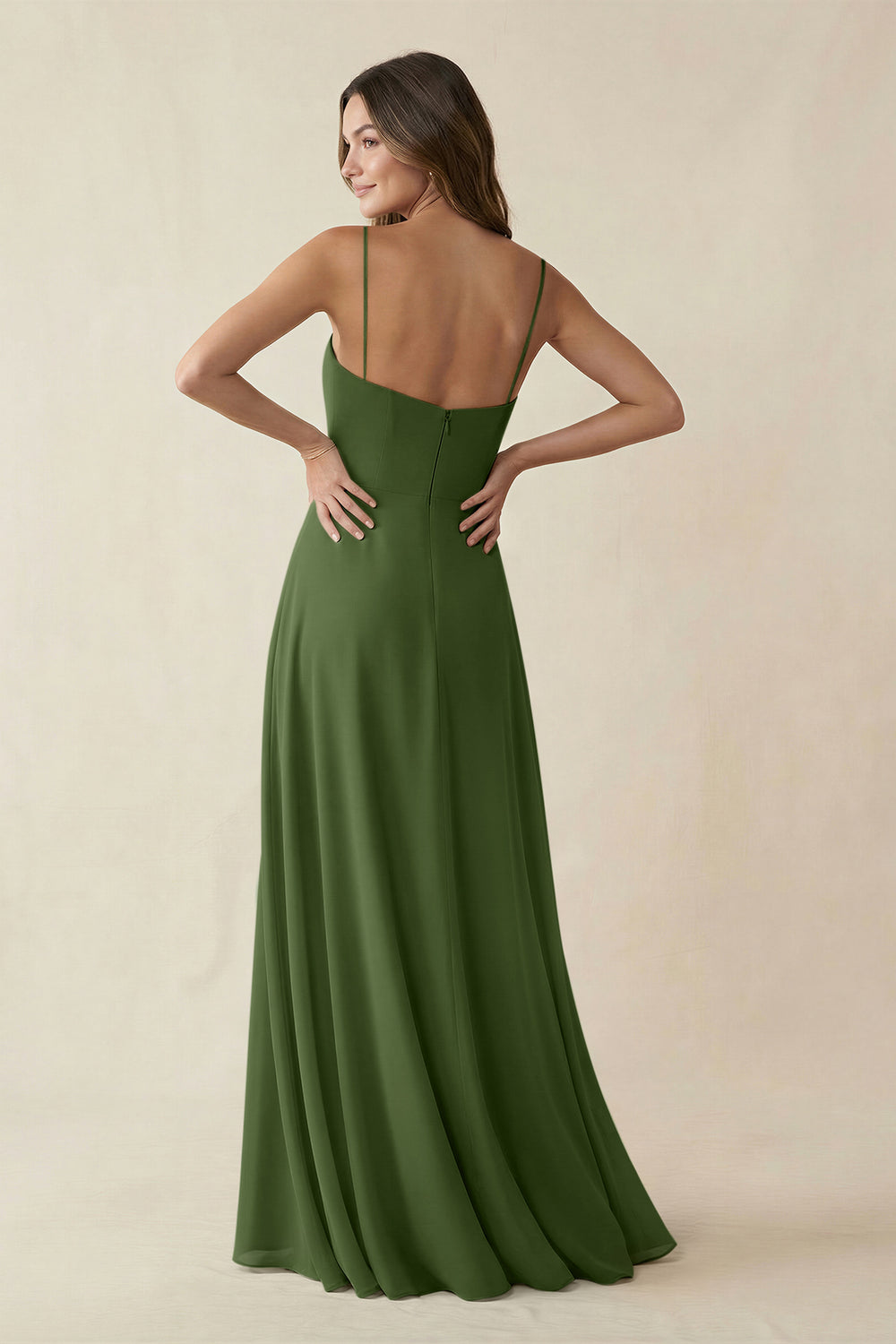 Spaghetti Strap A-Line Chiffon Maxi Bridesmaid Dress in Moss