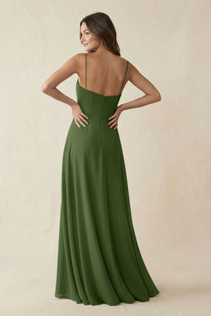 Spaghetti Strap A-Line Chiffon Maxi Bridesmaid Dress in Moss (2) | KISSBRIDAL