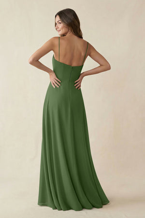 Spaghetti Strap A - Line Chiffon Maxi Bridesmaid Dress in Moss - SHE IS ME Bridesmaid Dresses