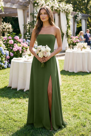Spaghetti Strap A-Line Chiffon Maxi Bridesmaid Dress in Moss (3) | KISSBRIDAL