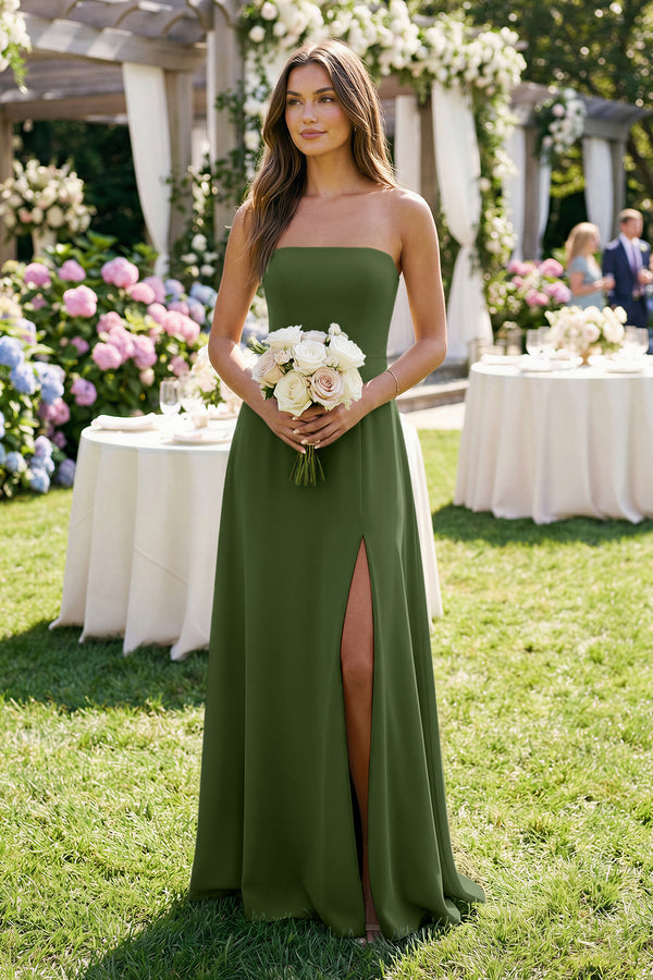 Spaghetti Strap A-Line Chiffon Maxi Bridesmaid Dress in Moss (3) | KISSBRIDAL