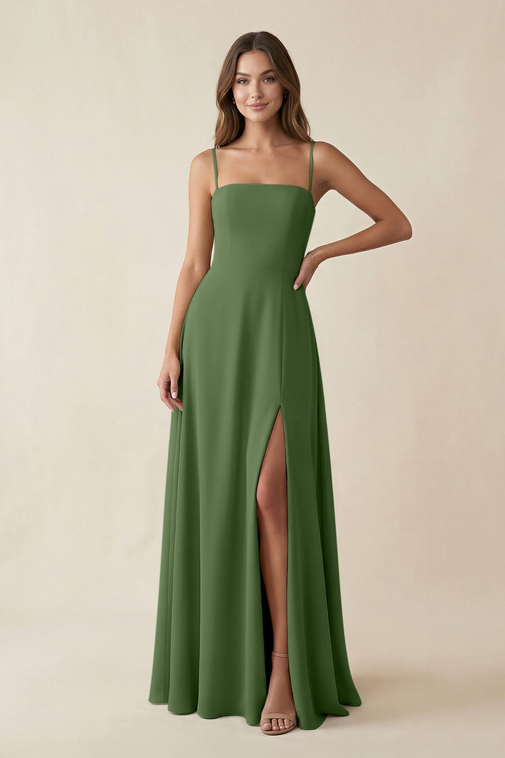 Spaghetti Strap A - Line Chiffon Maxi Bridesmaid Dress in Moss - KISS BRIDAL Bridesmaid Dresses