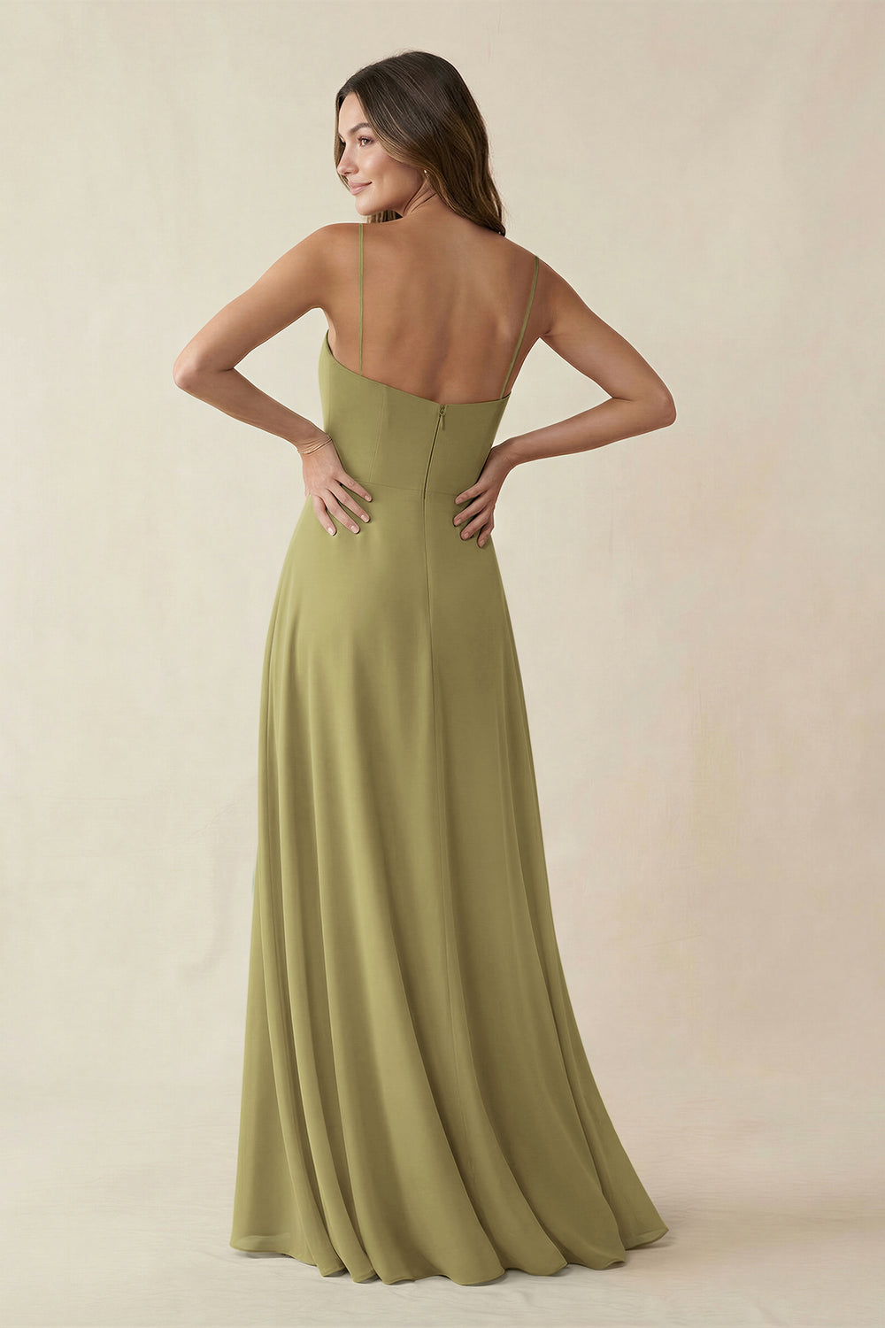 Spaghetti Strap A-Line Chiffon Maxi Bridesmaid Dress in Moss Green