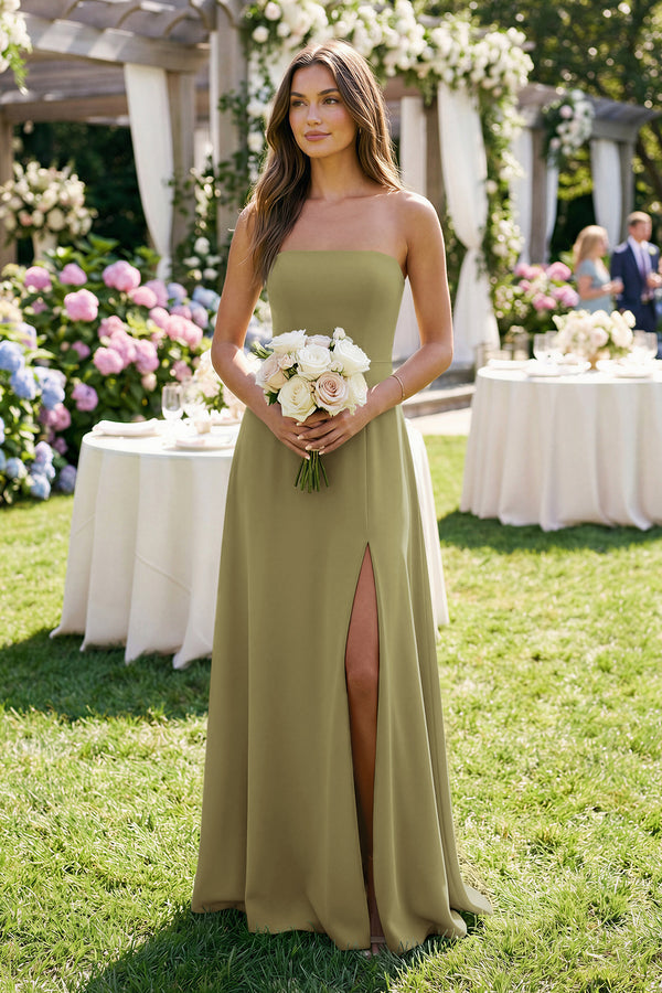 Spaghetti Strap A-Line Chiffon Maxi Bridesmaid Dress in Moss Green (3) | KISSBRIDAL