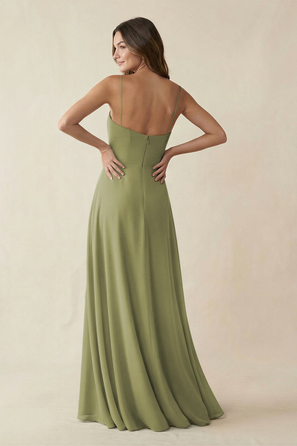 Spaghetti Strap A - Line Chiffon Maxi Bridesmaid Dress in Moss Green - KISS BRIDAL Bridesmaid Dresses