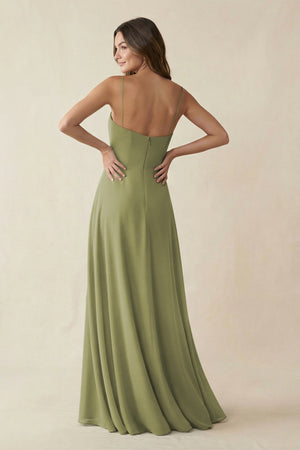 Spaghetti Strap A - Line Chiffon Maxi Bridesmaid Dress in Moss Green - SHE IS ME Bridesmaid Dresses