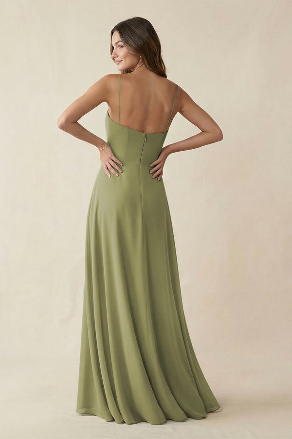 Spaghetti Strap A - Line Chiffon Maxi Bridesmaid Dress in Moss Green - SHE IS ME Bridesmaid Dresses
