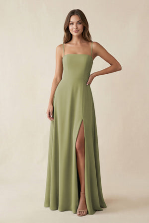 Spaghetti Strap A - Line Chiffon Maxi Bridesmaid Dress in Moss Green - SHE IS ME Bridesmaid Dresses